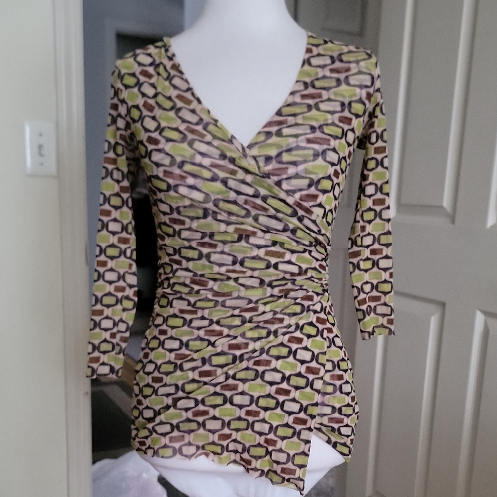 Sweet Pea by Stacy Frati Green, Brown & Cream Geometric Wrap Blouse